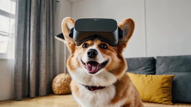 dog corgi wearing viar glasses video , AI generated	