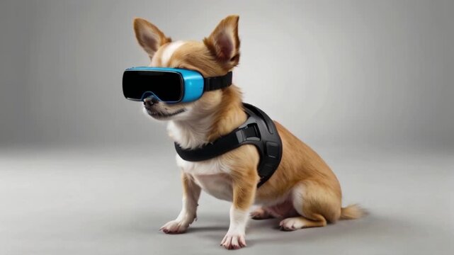 dog chihuahua wearing viar glasses video , AI generated	