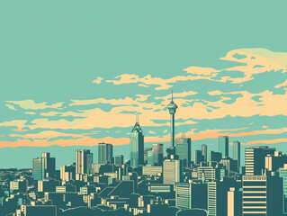 Fototapeta premium Risograph vibrant riso print travel poster, card, wallpaper or banner illustration, modern, isolated, clear, simple of Johannesburg, South Africa. Artistic, screen printing, stencil