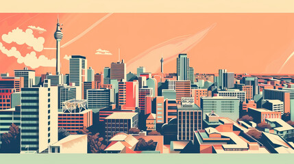 Fototapeta premium Risograph vibrant riso print travel poster, card, wallpaper or banner illustration, modern, isolated, clear, simple of Johannesburg, South Africa. Artistic, screen printing, stencil