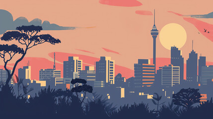 Obraz premium Risograph vibrant riso print travel poster, card, wallpaper or banner illustration, modern, isolated, clear, simple of Johannesburg, South Africa. Artistic, screen printing, stencil