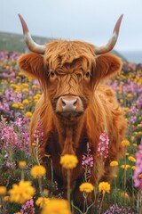 Image of Funny Animals background - Scottish highland cow on spring summer flowers meadow field landscape, portrait printed on Printed Glass Splashbacks