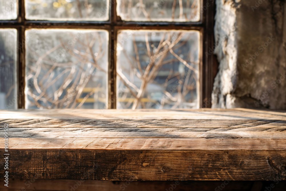 Poster Empty rustic wooden table by the window illuminating product placement display