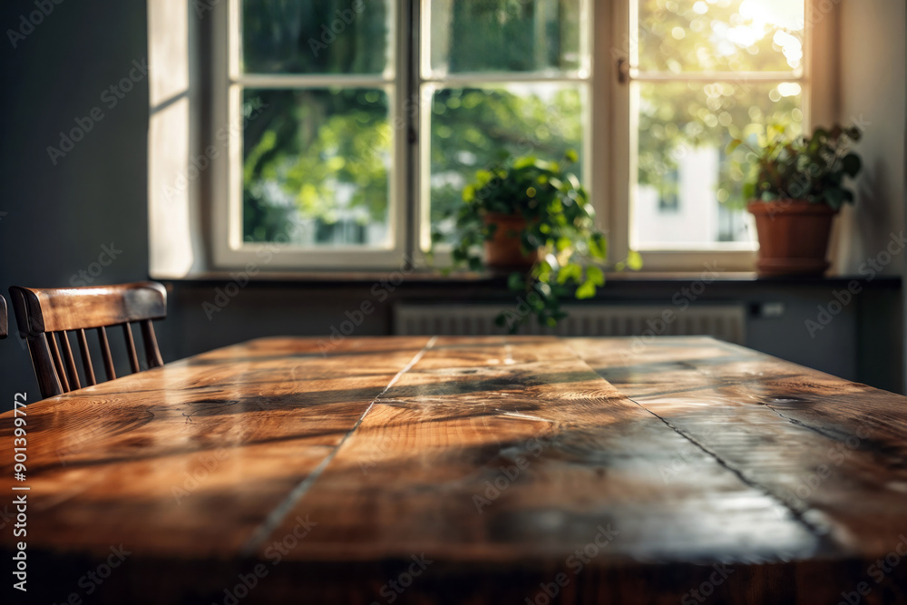 Aufkleber Empty rustic wooden table by a window with sunshine from window background