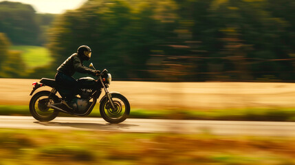 Motorcycle ride at high speed in the countryside, side view -