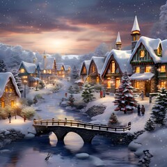 Christmas and New Year background. Winter landscape with houses and trees in the snow.