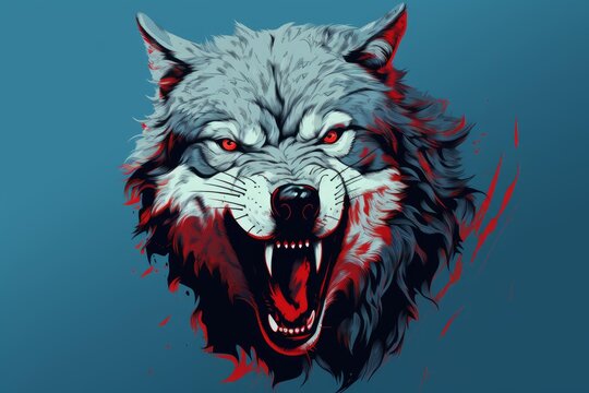 Digital art of a snarling wolf with vibrant red eyes on a blue background - Powered by Adobe