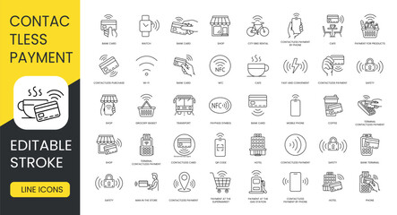 Set of line vector icons with editable stroke contactless payment, bank card and terminal, cafe and city bike rentals, coffee and contactless card and payment purchase, fast and convenient