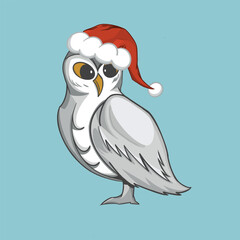 Illustration of an owl with a Christmas hat