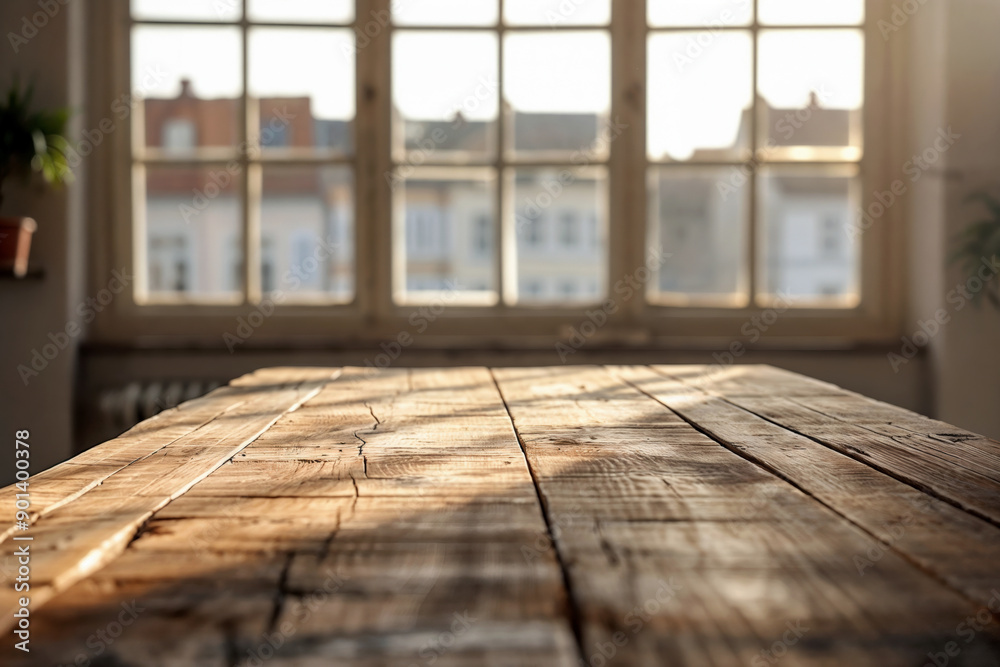 Aufkleber empty wooden table casting shadows in sunlit room by window background