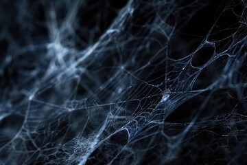 Close up Real creepy spider webs silhouette isolated on black banner panorama - Halloween background template