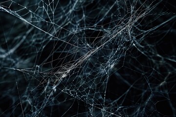 Close up Real creepy spider webs silhouette isolated on black banner panorama - Halloween background template