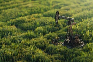 Close up Realistic Oil Derrick Pump om green medow field