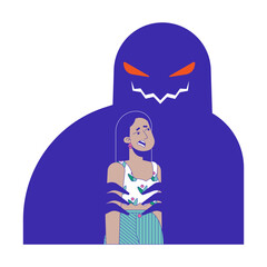 Manipulator behavior 2D illustration concept. Abuse victim young adult indian woman scared cartoon character isolated on white. Horror danger. Predatory behaviour metaphor abstract flat vector graphic
