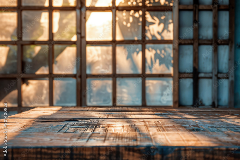Poster Empty wooden table receiving warm light from window in blurred background