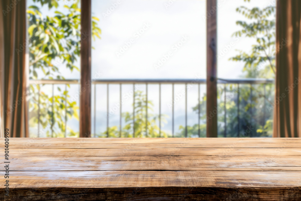 Poster empty wooden table is presenting open air balcony view with lush green trees, perfect for product pl