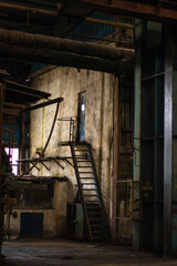 Old factory with objects abandoned inside and growing nature, power of life