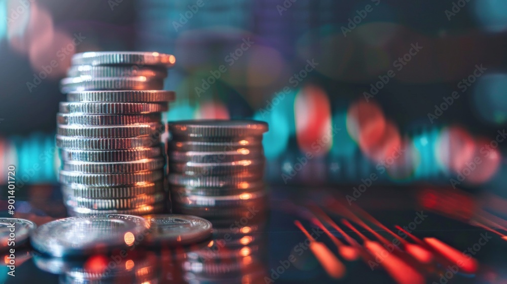 Aufkleber A stack of coins on a table with a blurry background
