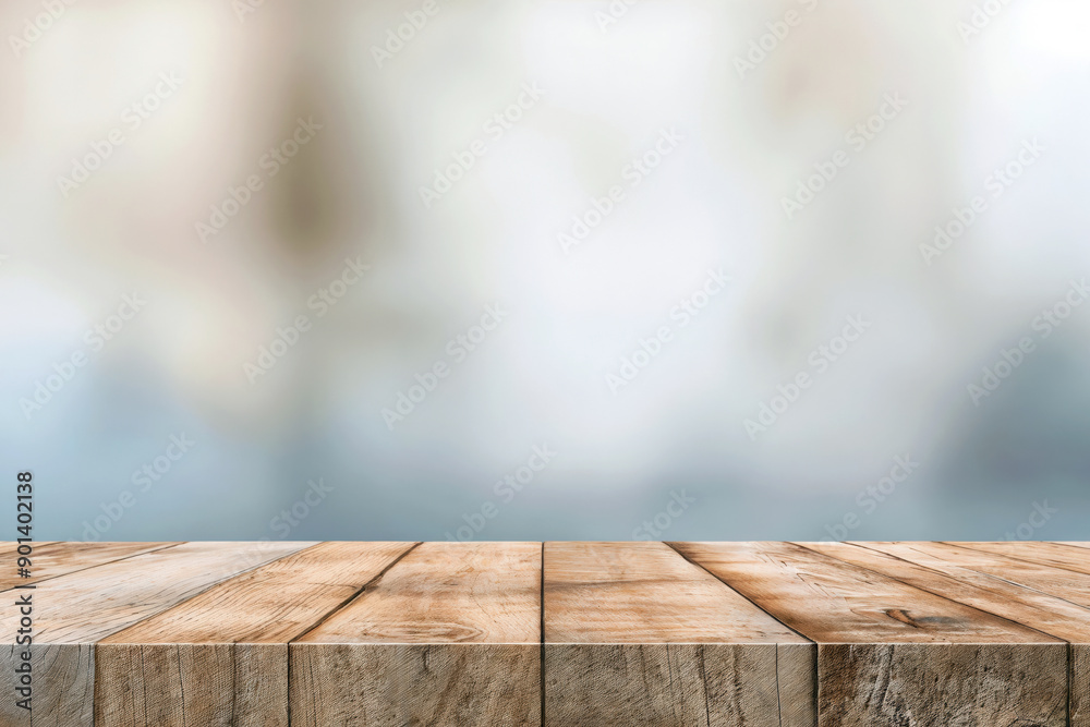 Poster empty wooden table top on blurred white abstract background