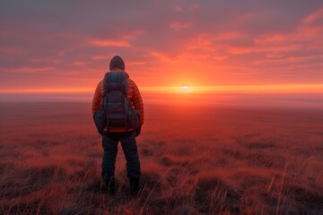 Adventurous hiker watching vibrant sunset over vast natural landscape in autumn, copyspace for text
