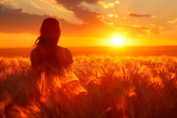 Woman standing in golden wheat field at sunset overlooking distant horizon, copyspace for text