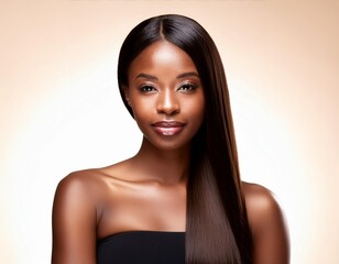 Model black girl with shiny brown smooth healthy hair with long straight and glowing, skin natural shine