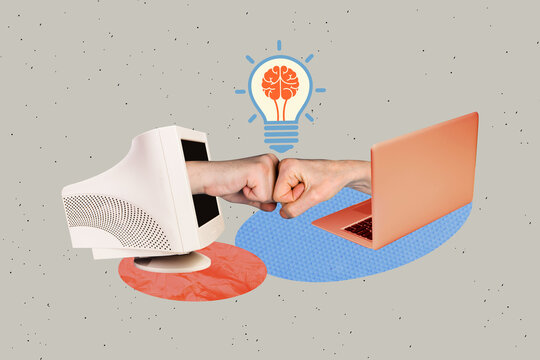 Composite photo collage of two hands fists gesture punch together macbook pc screen success deal light bulb isolated on painted background