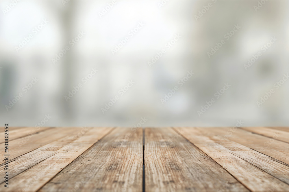 Poster Empty wooden tabletop showing perspective with blurred background