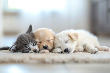 Obraz premium cute kitten and puppy sleeping together on the soft floor in the bright room
