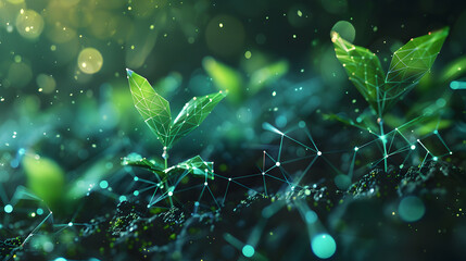 Digital evolution or seedling growth in futuristic polygonal style. Generative Ai.