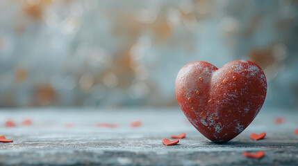 Obraz premium A heart is sitting on a wooden table with a pile of red confetti around it. The heart is surrounded by a sense of love and warmth, and the confetti adds a playful and festive touch to the scene