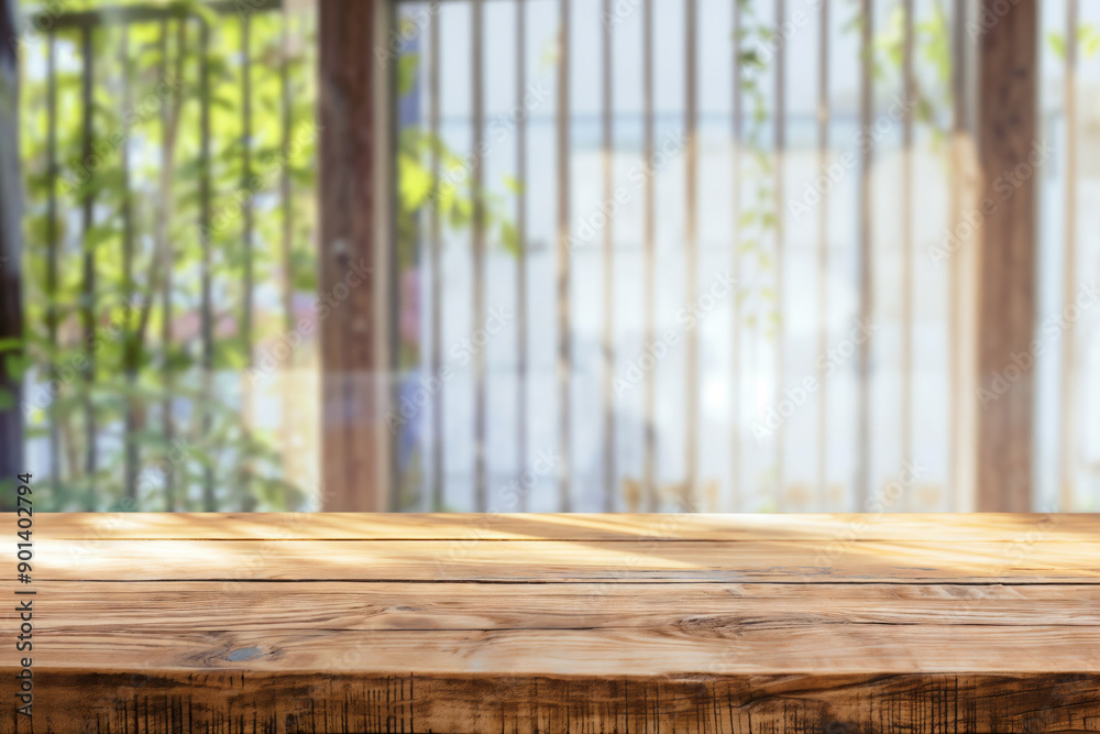Poster Empty wooden tabletop with blurred green garden from window view background for product display