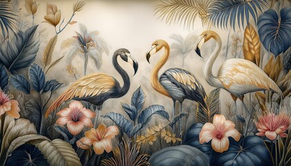 Tropikalny las w flamingami. Tapeta, tło, grafika w stonowanych kolorach
