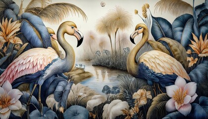 Tropikalny las w flamingami. Tapeta, tło, grafika w stonowanych kolorach