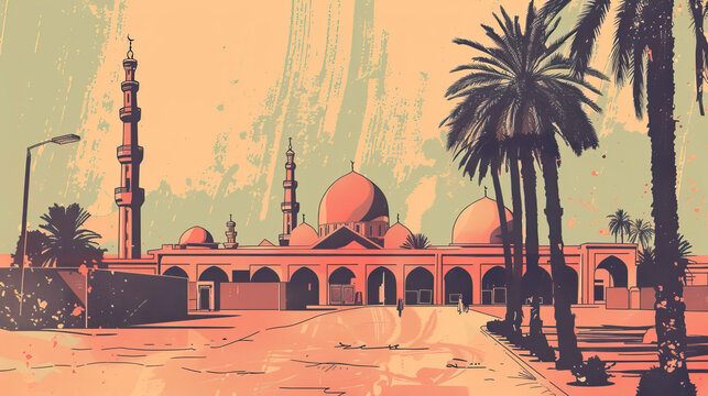 Risograph trendy riso print travel poster, card, wallpaper or banner illustration, modern, isolated, clear, simple of Karbala, Iraq. Artistic, screen printing, retro, vintage