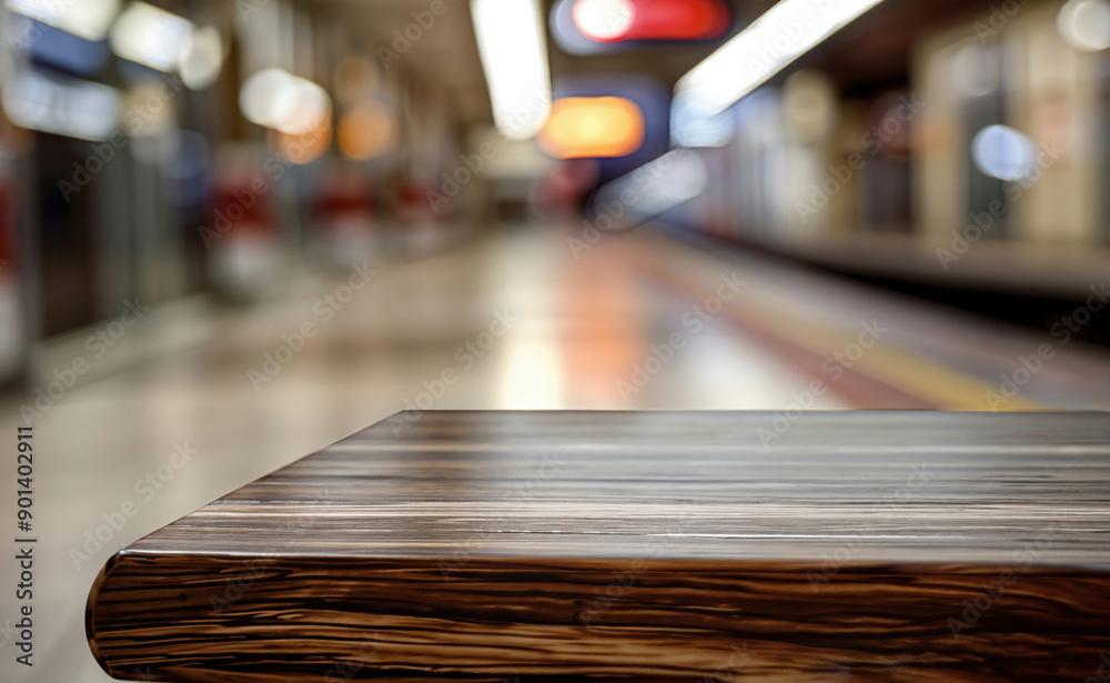 Aufkleber empty wooden tabletop perfect for displaying products with a blurred subway station background