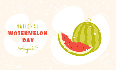 National Watermelon day on August 3. Vector illustration in flat cartoon style. Fresh whole watermelon and slice. Perfect for horizontal banner, poster, website, flyer, card and so on