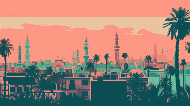 Risograph trendy riso print travel poster, card, wallpaper or banner illustration, modern, isolated, clear, simple of Karbala, Iraq. Artistic, screen printing, retro, vintage
