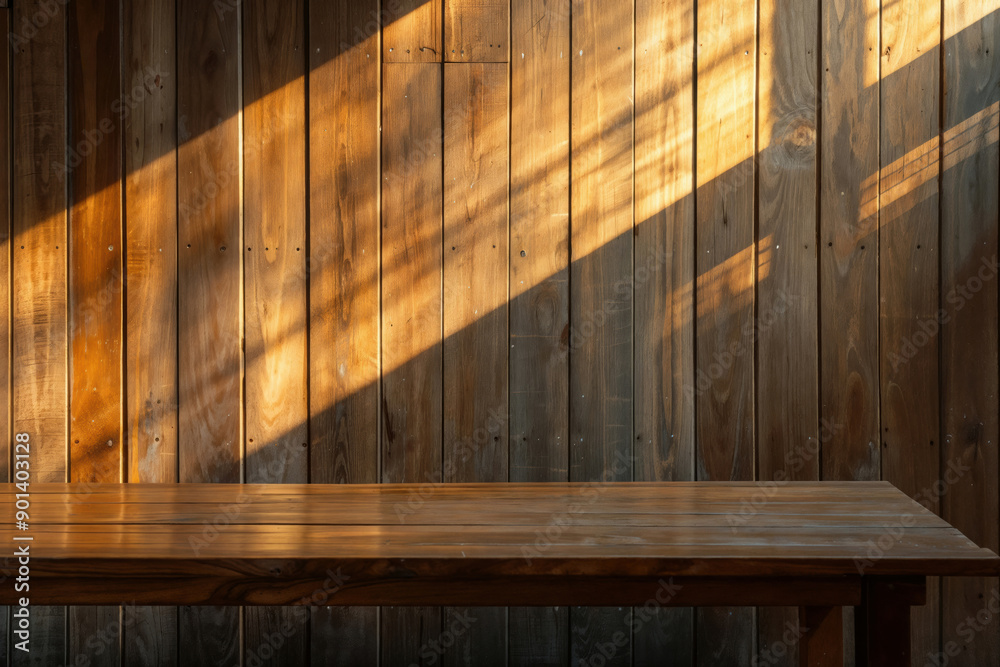 Poster sunlight is casting shadows on a rustic wooden wall behind a tabletop