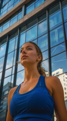 Fototapeta premium A woman in a blue tank top and fitness tracker stands confidently outside a glass building, hair blowing in the breeze, reflecting sky and clouds, basking in sunlight.