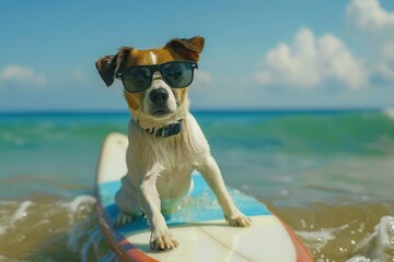 Dog wear sun glasses enjoying surfing on the tropical beach