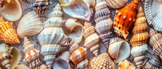 Seashells of various colors and sizes arranged on a white background, creating a beach-like feel. Evokes relaxation and coastal vibes with a diverse scattered pattern.