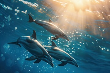 Fototapeta premium dolphins or Delphin swimming underwater underwater marine life with bubbles and sunlight in blue deep waters