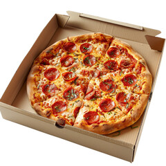 Delicious pepperoni pizza in a cardboard box. Perfect for food lovers and pizza enthusiasts. High-quality, savory meal, ready to enjoy.