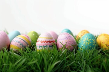 Fototapeta premium Easter eggs on the grass, isolated on a white background. Easter concept
