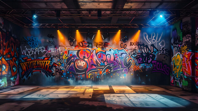A vibrant urban space featuring a graffiti-covered wall illuminated by colorful stage lighting, creating a dynamic and artistic atmosphere.