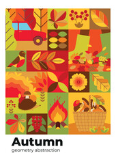 Autumn geometric background with seasonal outdoor recreation elements. Autumn abstract poster with forest plants, hedgehog, bird, basket with mushrooms, bonfire. Flyer, invitation, banner.