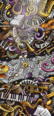 Classic Music hand drawn doodle banner. Cartoon detailed flyer. Musical identity with objects and symbols. Color vector design elements background