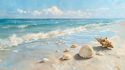 A painting of a beach with a large shell and many small shells on the sand