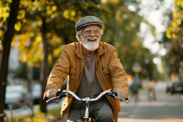 Obraz premium Energetic joyful and smiling elderly man riding bicycle
